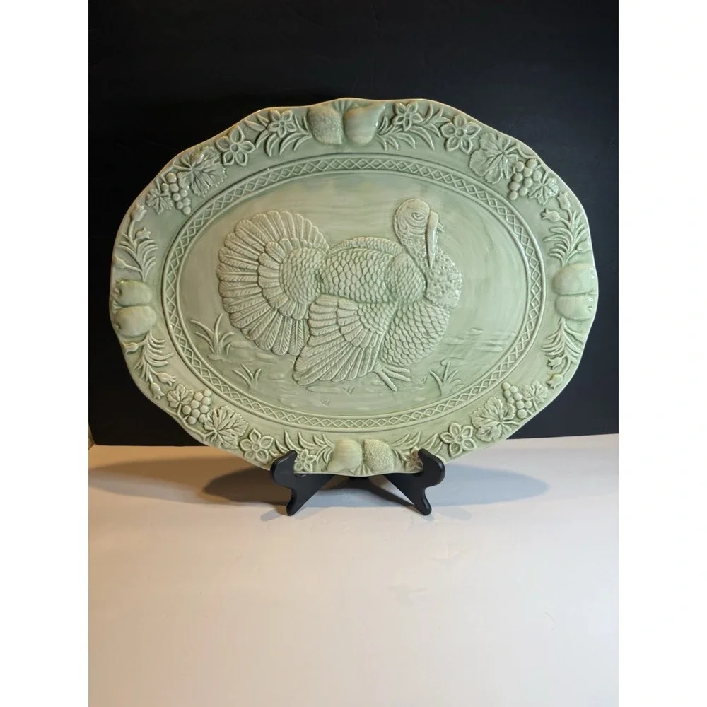 Turkey Embossed Oval Serving Platter Sage Green Portugal 19